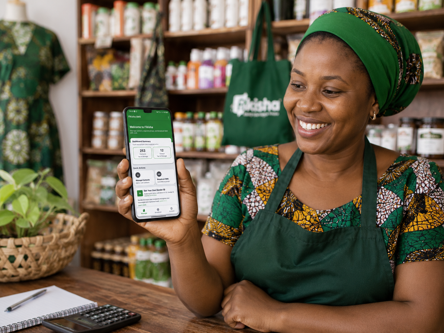 Fikisha SMS App showing successful SMS broadcast sent