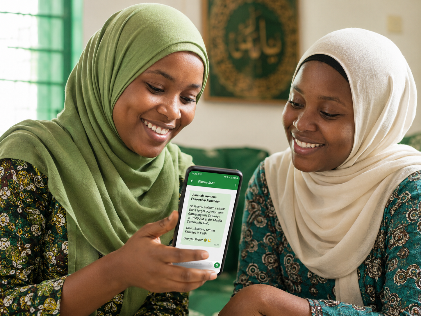 Muslim women receiving mosque gathering reminder through Fikisha SMS App