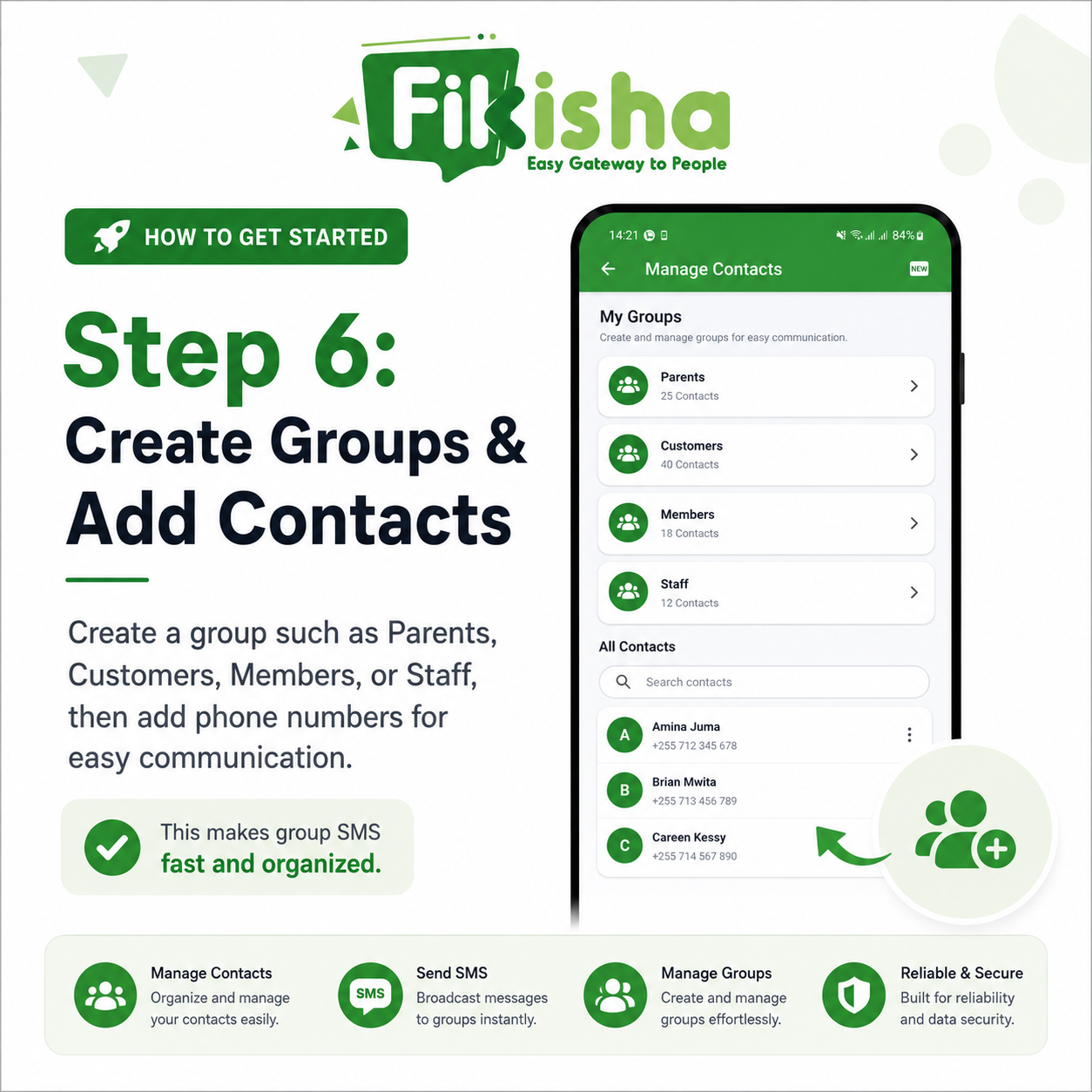 Create groups and add phone numbers in Fikisha SMS App