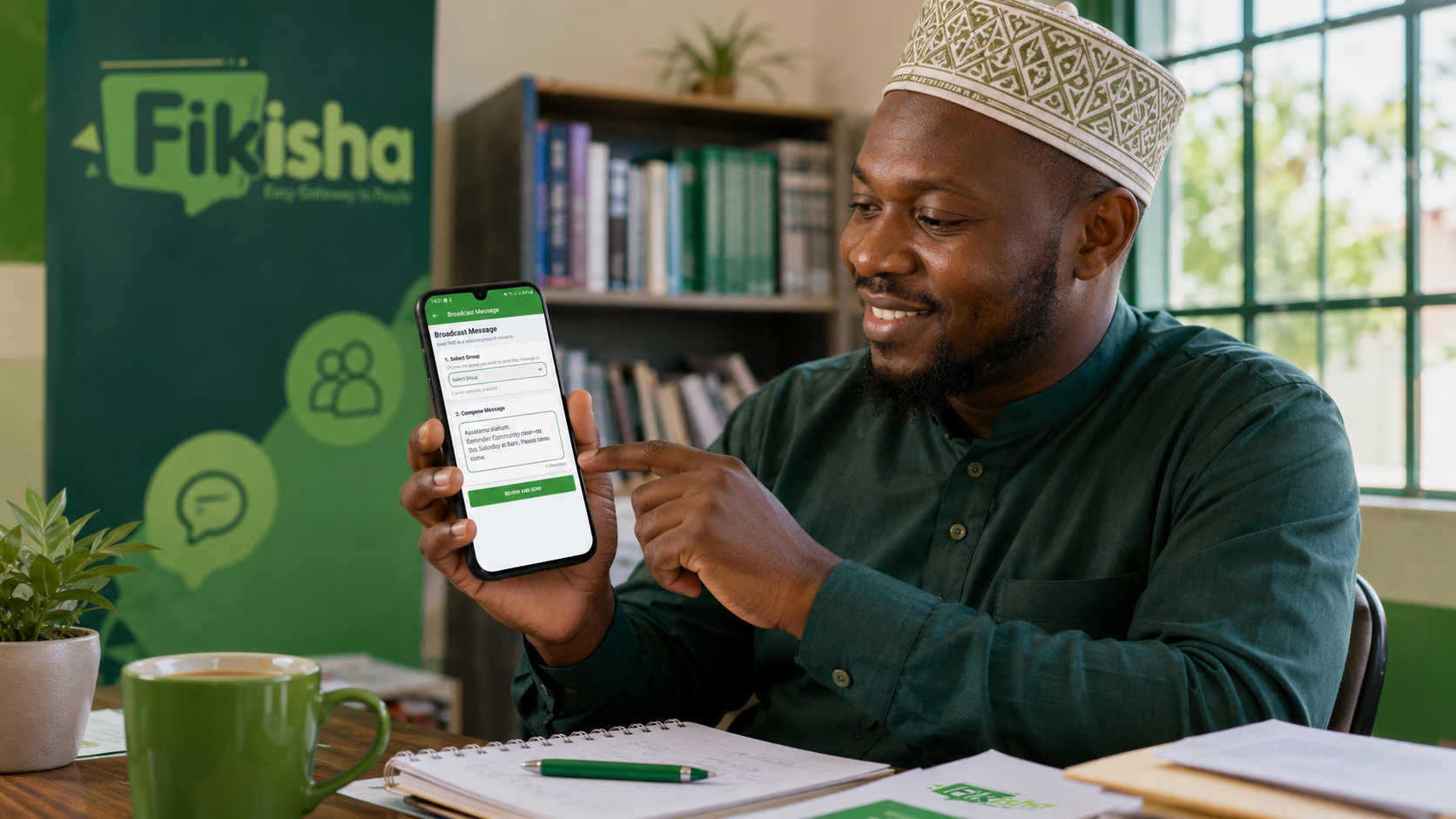 Community organizer using Fikisha SMS App to send group SMS using own SIM card