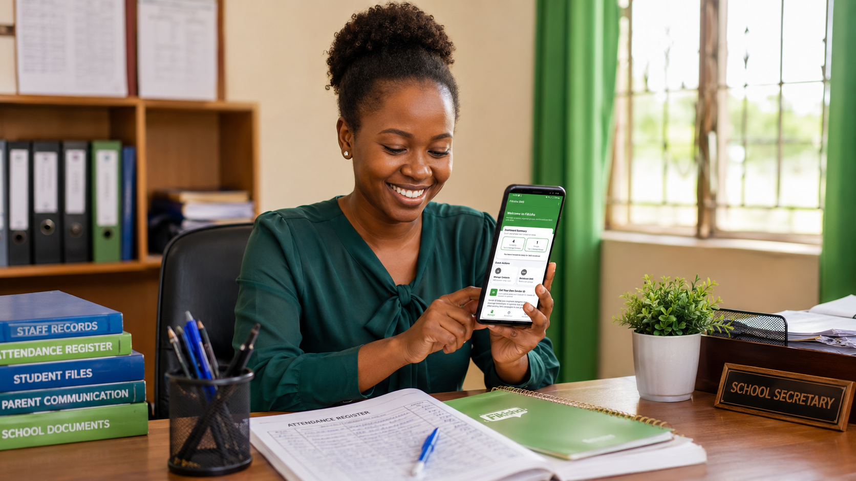 School secretary using Fikisha SMS App to send affordable SMS reminders to parents